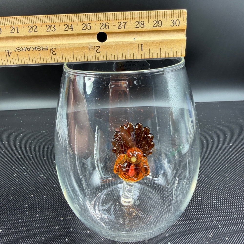 Crate and Barrel Turkey Stemless Wine Glasses Set of 2 Thanksgiving Glassware - Picture 3 of 10